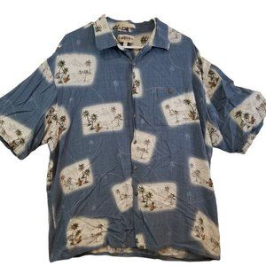 Campia Moda Hawaiian Shirt XXL Blue with Pineapple and Palm Tree Postcard Design